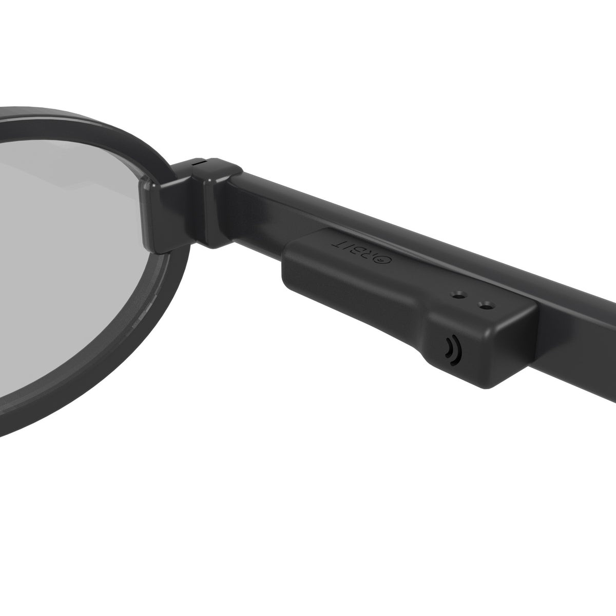 Orbit Glasses Duo stuck with adhesive to the inside of an acetate glasses arm, just behind the hinge