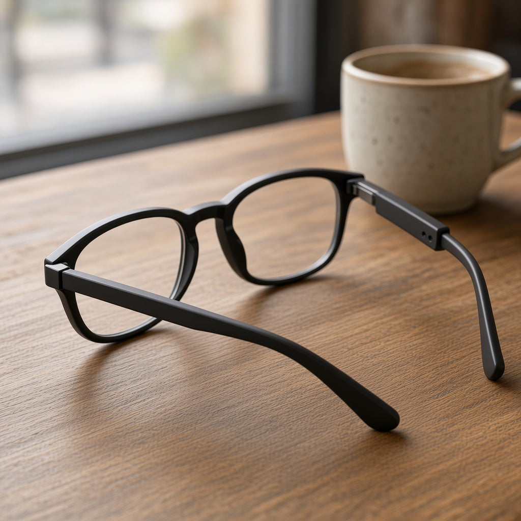 Glasses on a cafe table with an Orbit Glasses Duo tracker stuck to the inside of the arm