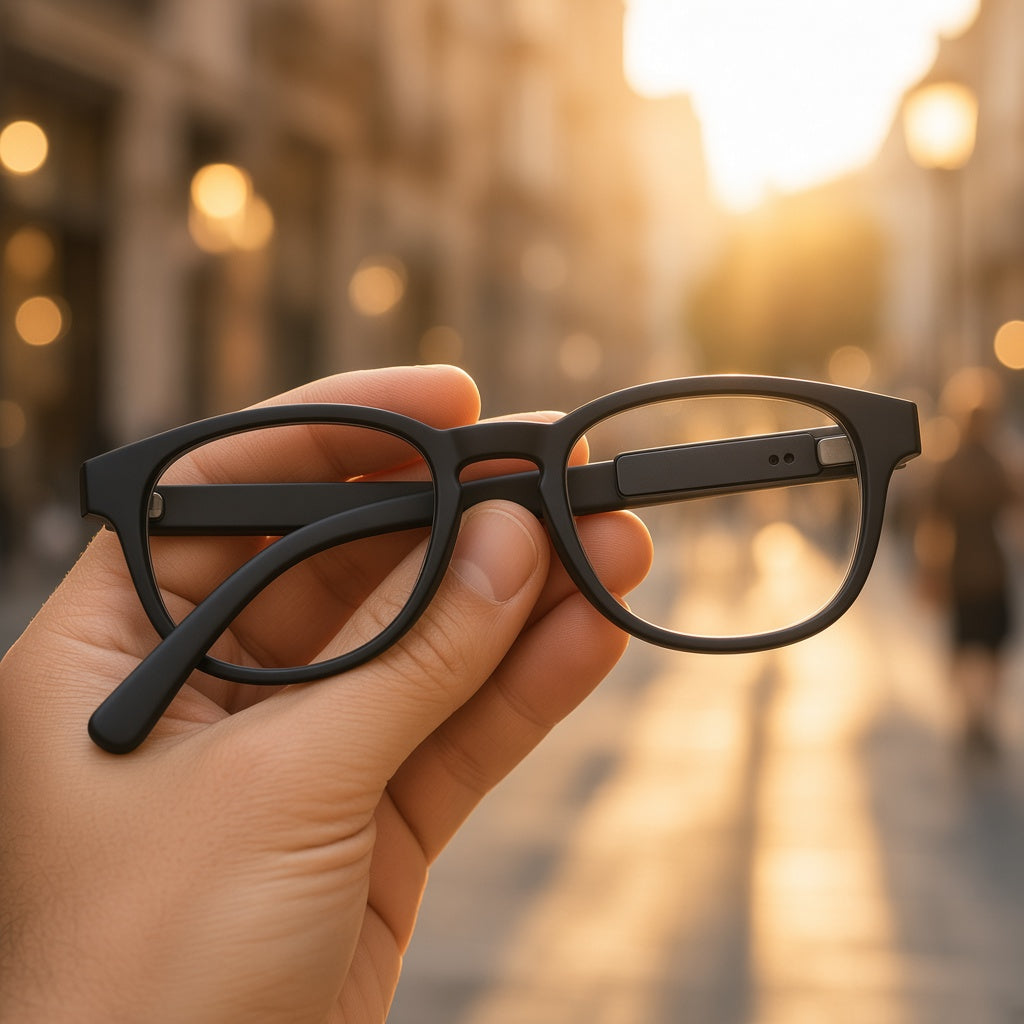 Hand holding folded glasses with an Orbit Glasses Duo tracker on the inner face of the arm