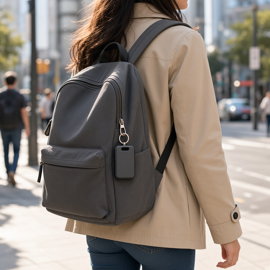 Orbit Tag Duo on a split ring hanging from a backpack zipper