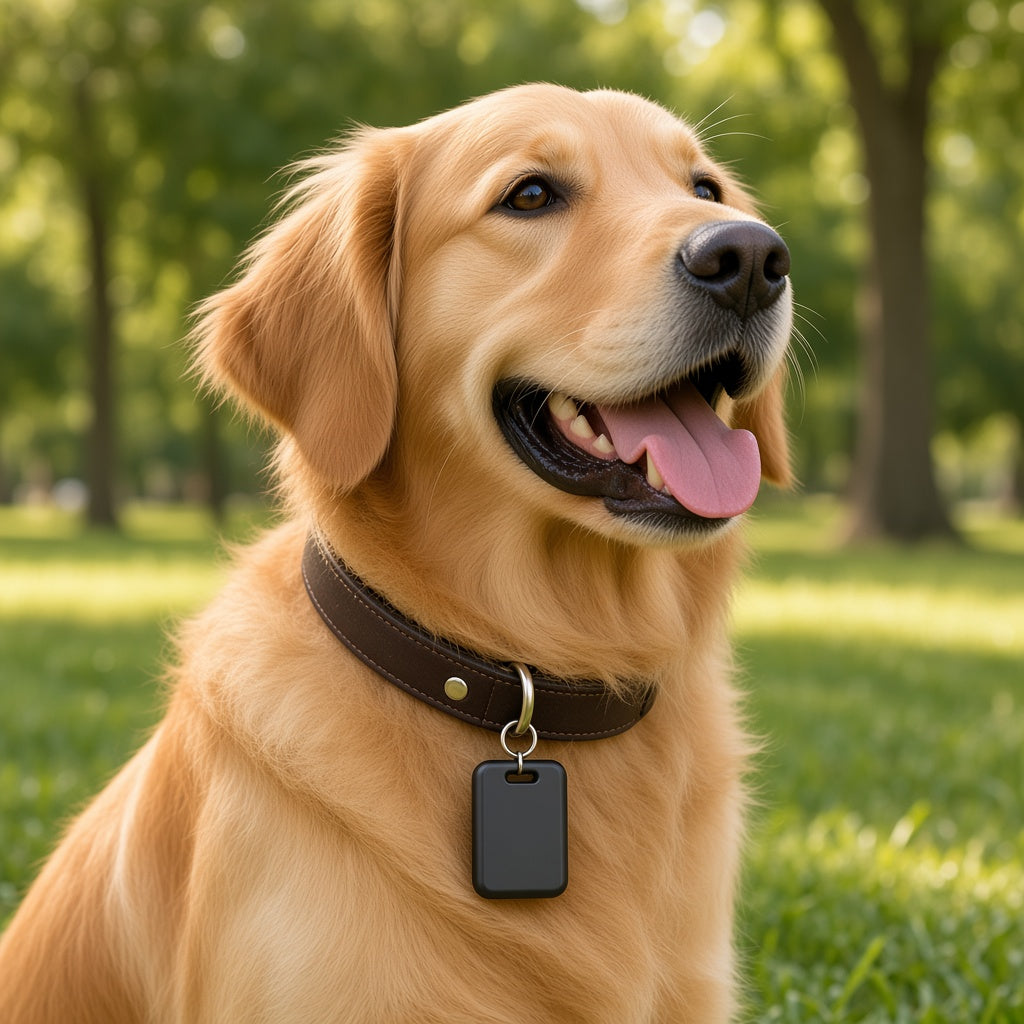 Golden retriever wearing an Orbit Tag Duo on its collar ring