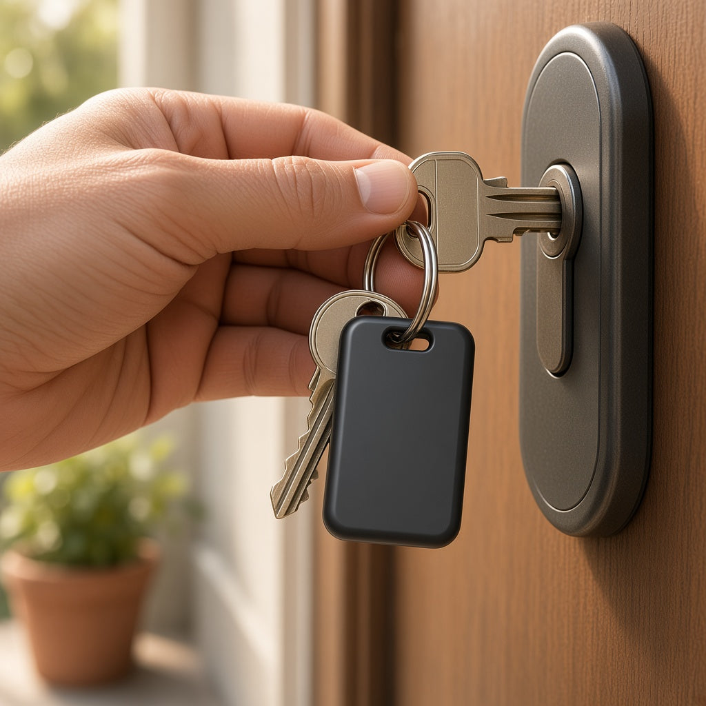 Orbit Tag Duo on a keyring with house keys at the front door
