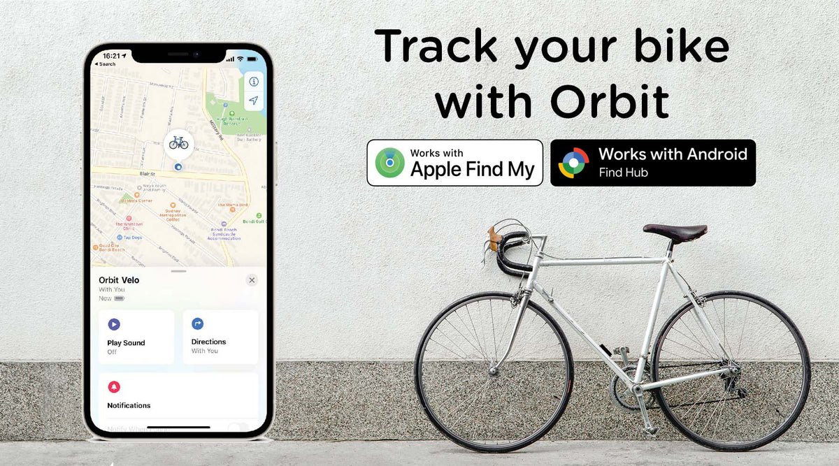 Track your bike with Orbit: bike fitted with Orbit Velo Duo, works with Apple Find My and Google Find Hub